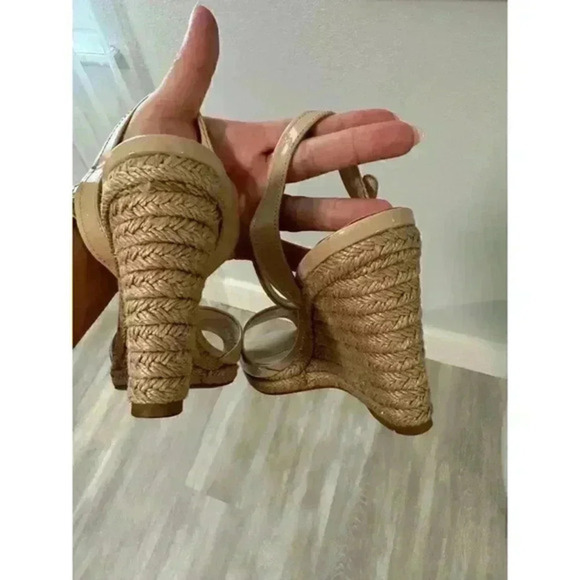 Prada Beige Patent Leather Espadrille Platform Wedge Ankle Strap Sandals Size 37 - Picture 12 of 12